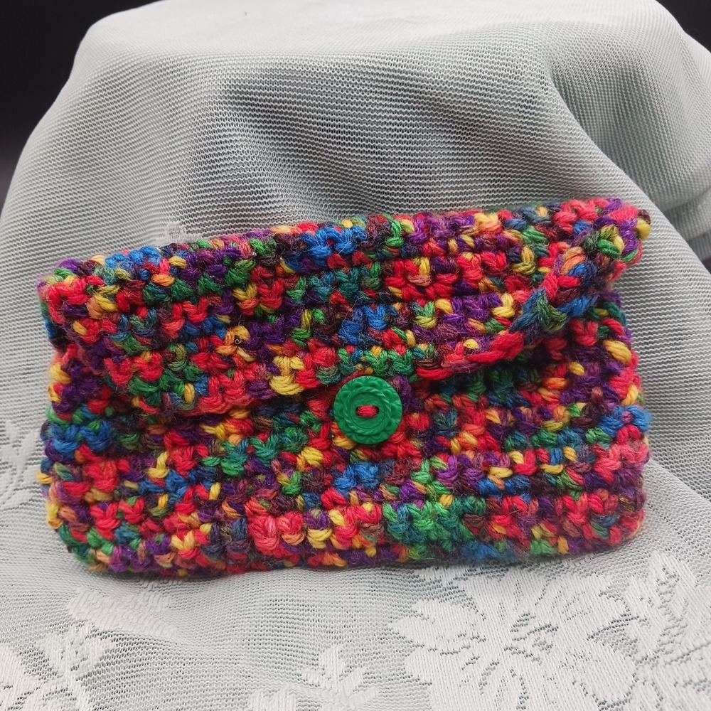 Handknit Crocheted RAINBOW Small organizer make up Bag Boho Hippie Cute Vintage